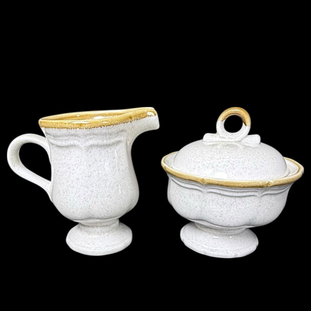 Mikasa EC 400 Garden Club Creamer & Sugar Bowl‎ Beige Speckled Brown Drip Rim